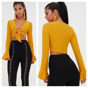Pretty Little Thing Mustard Tie Front Frill Sleeve Crop Top
